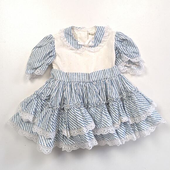 Vintage Dress Girls Size 18m Blue Stripe Full Circle Party - Picture 2 of 8